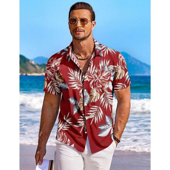 Men Red Hawaiian Shirt Short Sleeve Floral Button Down Tropical Beachwear - Picture 2 of 6